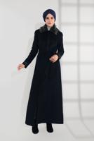 Hijab clothing NAVY BLUE FUR COLLAR EMBROIDERED COAT 9769 