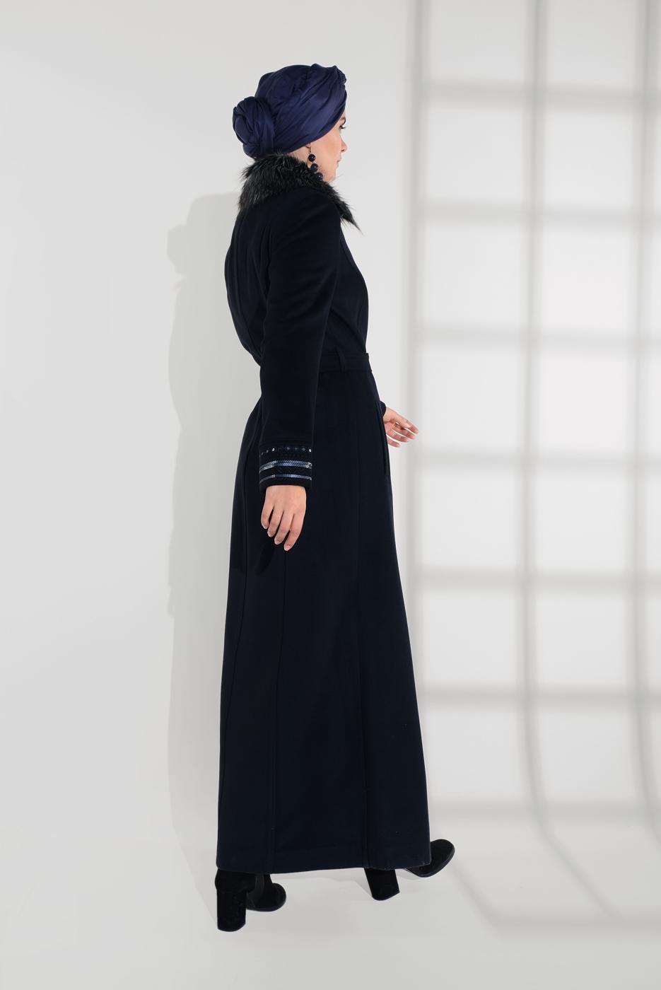 Hijab clothing NAVY BLUE FUR COLLAR EMBROIDERED COAT 9769 
