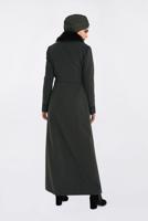 Tesettür giyim HAKİ YAKASI KÜRKLÜ İŞLEMELİ UZUN KAŞE MANTO 9769