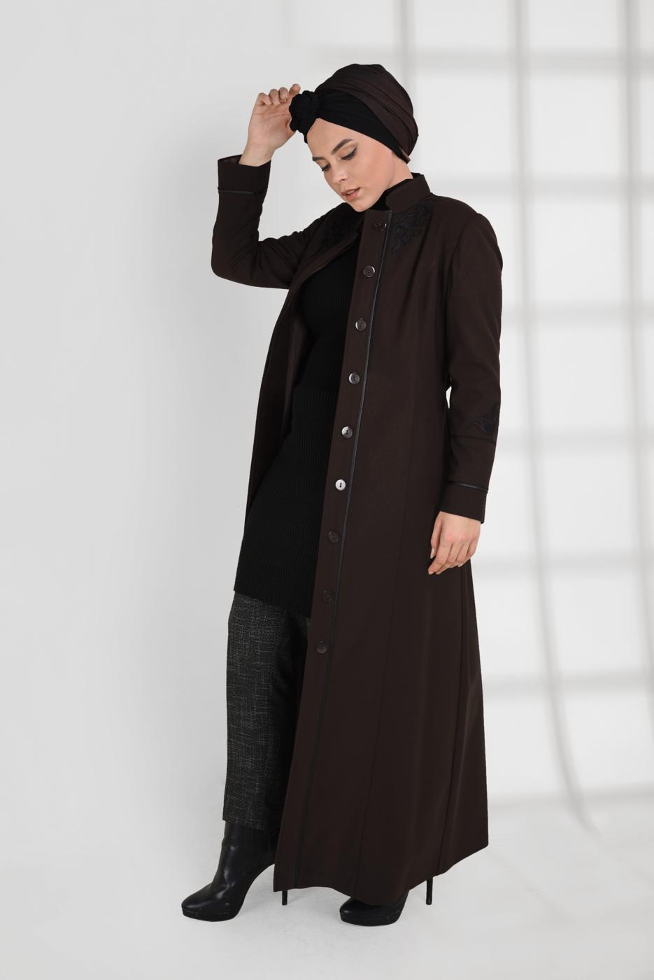 Tesettür giyim KAHVE ALVİNA DÜĞMELİ KEMERLİ KAŞE MANTO 9773 