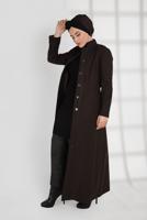 Tesettür giyim KAHVE ALVİNA DÜĞMELİ KEMERLİ KAŞE MANTO 9773 