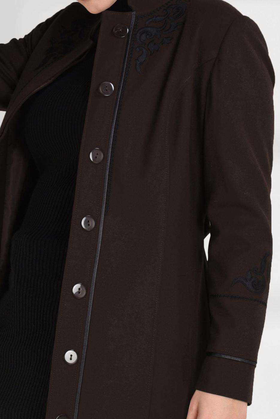 Tesettür giyim KAHVE ALVİNA DÜĞMELİ KEMERLİ KAŞE MANTO 9773 