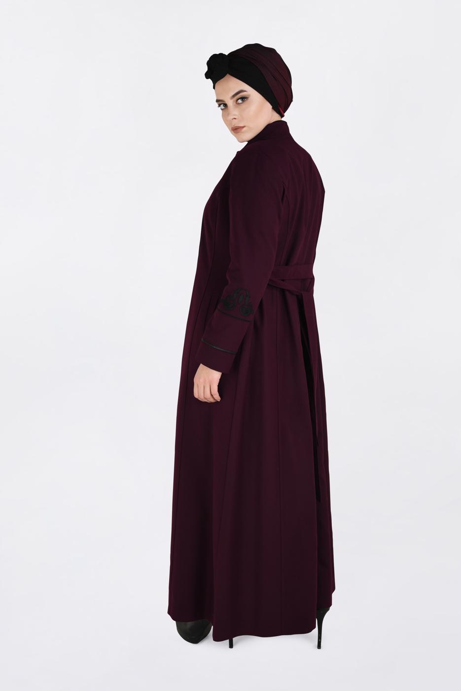 Tesettür giyim BORDO ALVİNA DÜĞMELİ KEMERLİ KAŞE MANTO 9773 