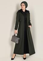 Tesettür giyim HAKİ YAKASI KÜRK DETAYLI KAŞE MANTO 9789 