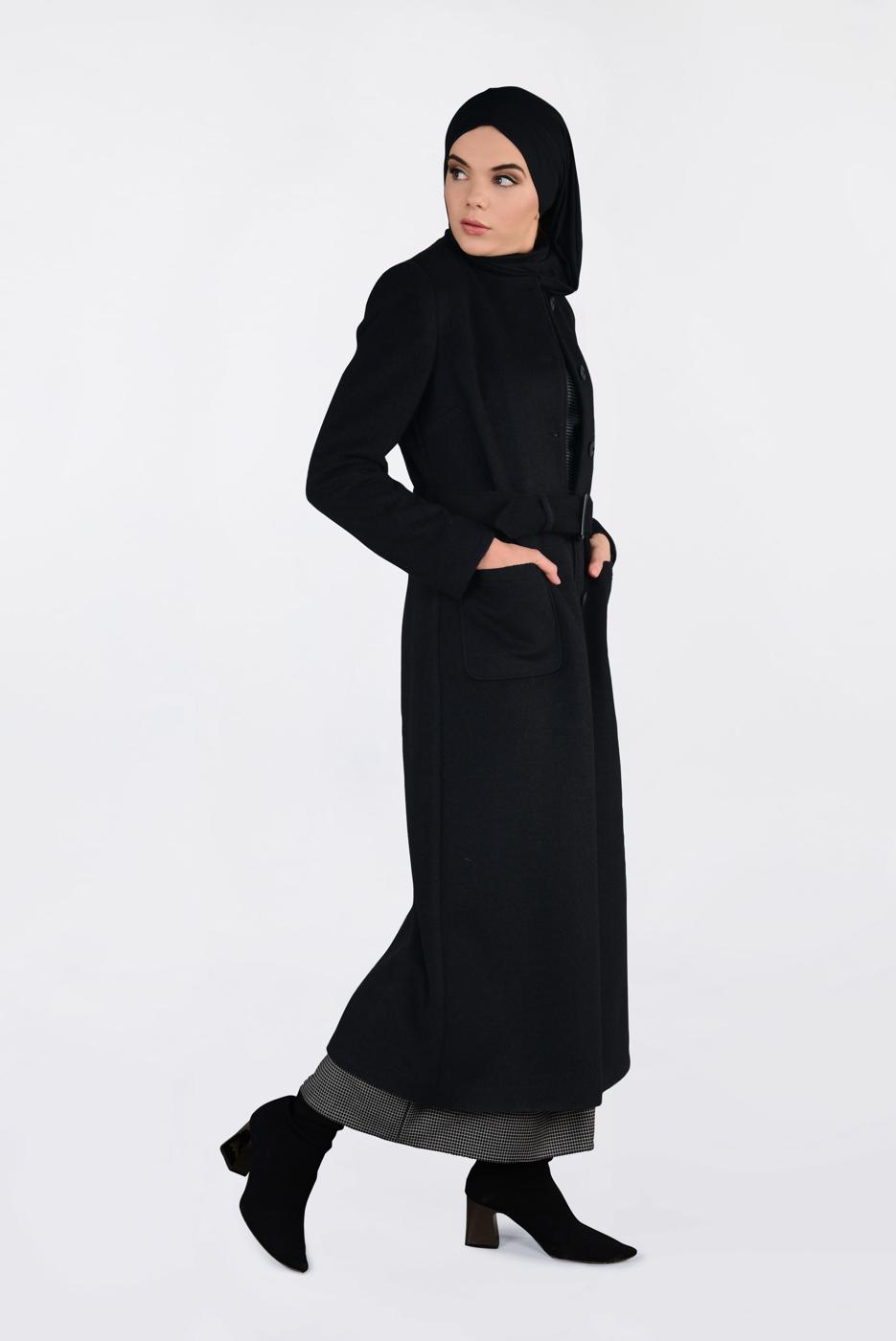 Tesettür giyim SİYAH ALVİNA DÜĞMELİ KEMERLİ KAŞE MANTO 9817 