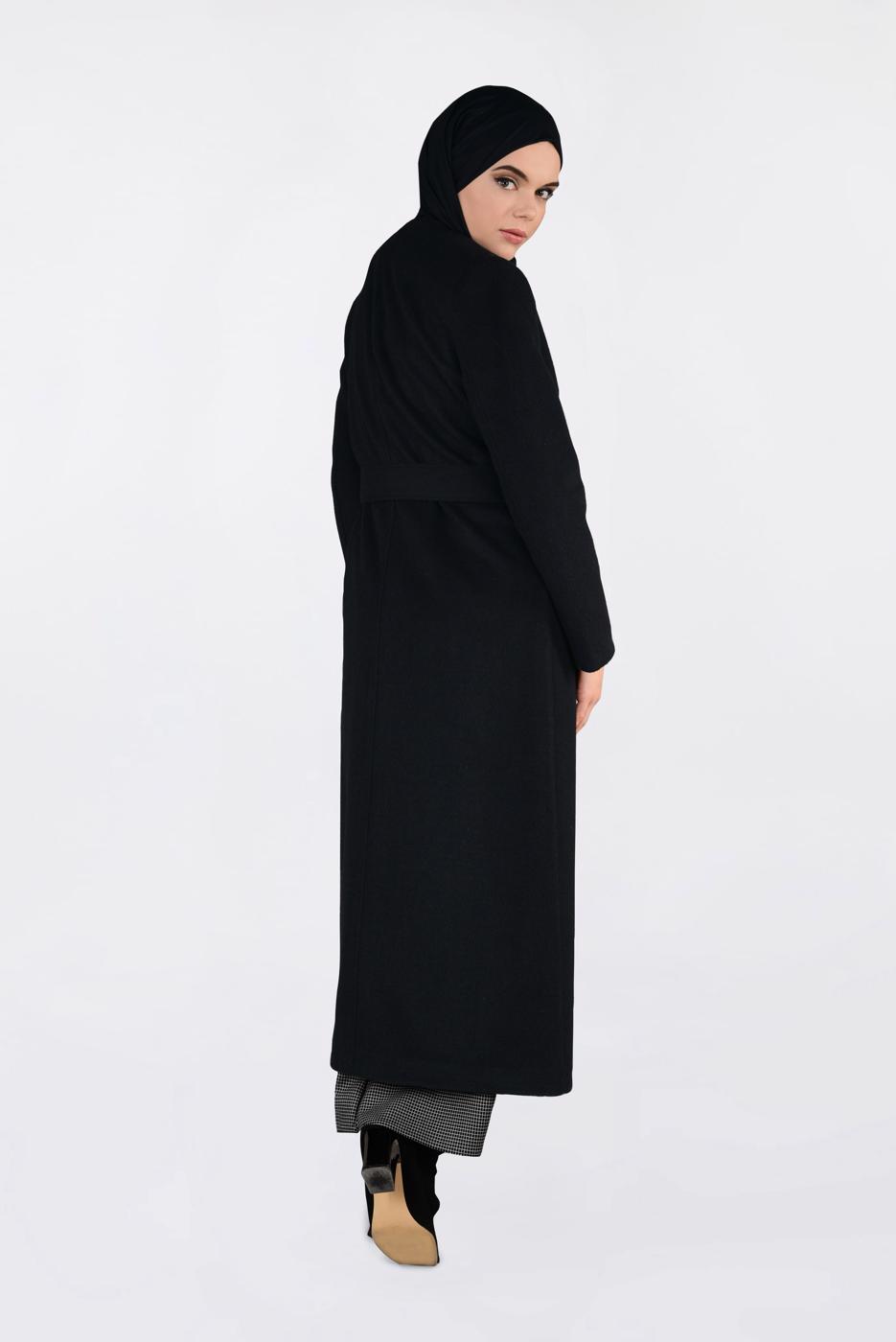 Tesettür giyim SİYAH ALVİNA DÜĞMELİ KEMERLİ KAŞE MANTO 9817 
