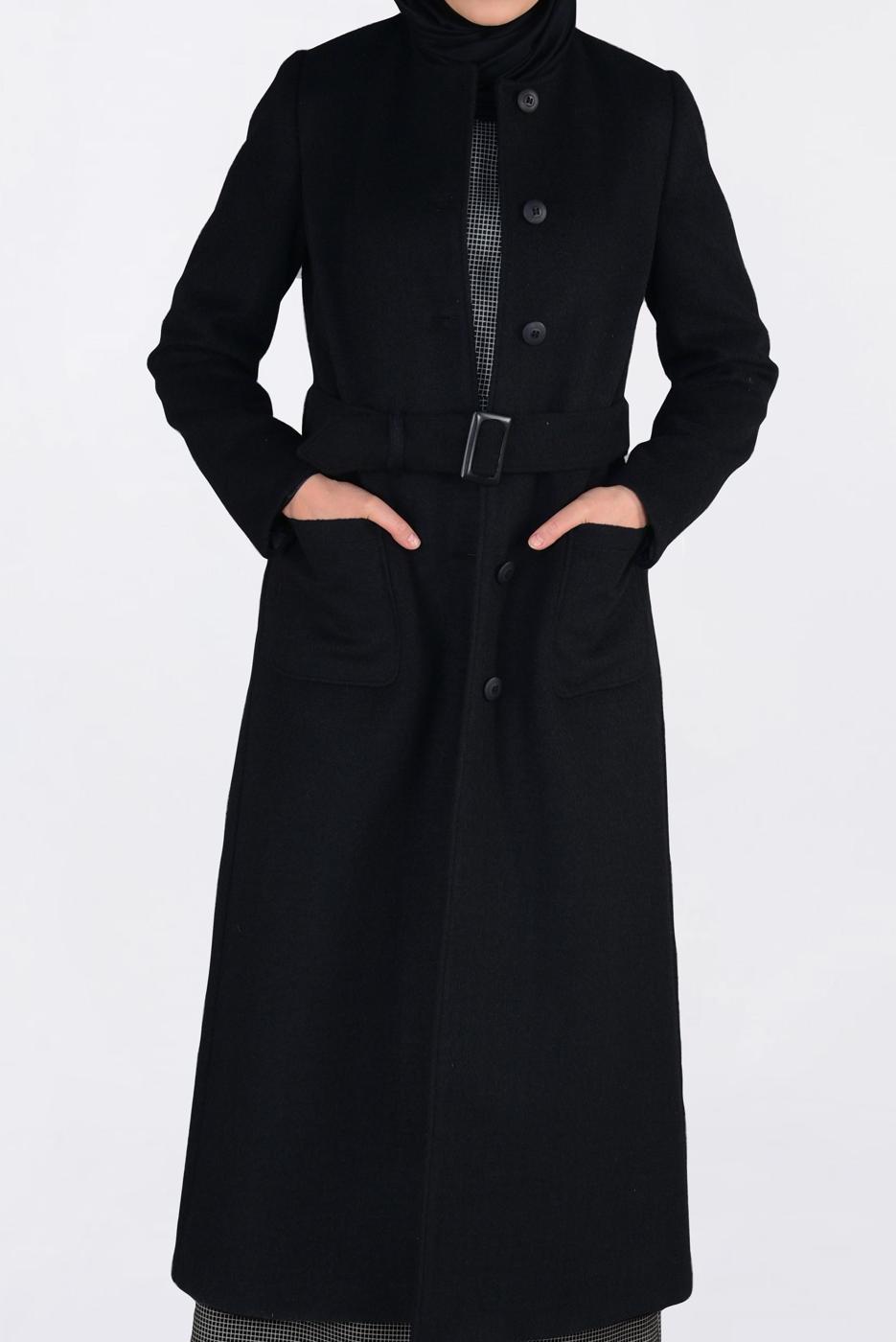 Tesettür giyim SİYAH ALVİNA DÜĞMELİ KEMERLİ KAŞE MANTO 9817 