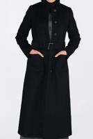 Tesettür giyim SİYAH ALVİNA DÜĞMELİ KEMERLİ KAŞE MANTO 9817 