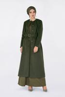 Tesettür giyim HAKİ ALVİNA DÜĞMELİ KEMERLİ KAŞE MANTO 9817 