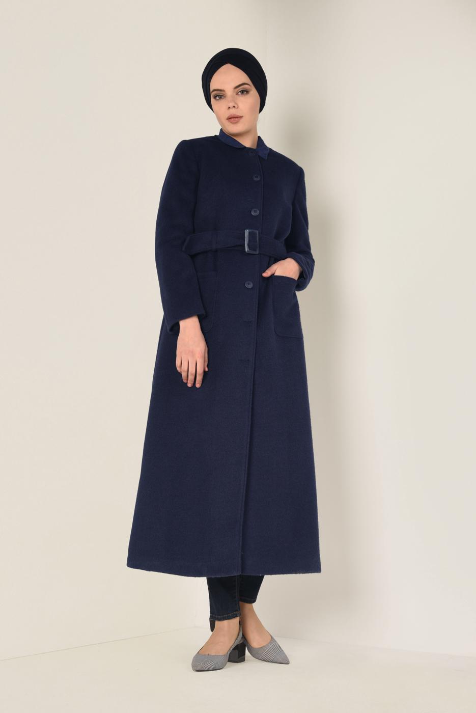 Tesettür giyim LACİVERT ALVİNA DÜĞMELİ KEMERLİ KAŞE MANTO 9817 