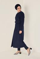 Tesettür giyim LACİVERT ALVİNA DÜĞMELİ KEMERLİ KAŞE MANTO 9817 