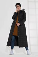 Tesettür giyim SİYAH ALVİNA KAPÜŞONLU FERMUARLI ÇIT ÇITLI MANTO 9823 