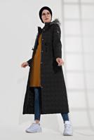 Tesettür giyim SİYAH ALVİNA KAPÜŞONLU FERMUARLI ÇIT ÇITLI MANTO 9823 