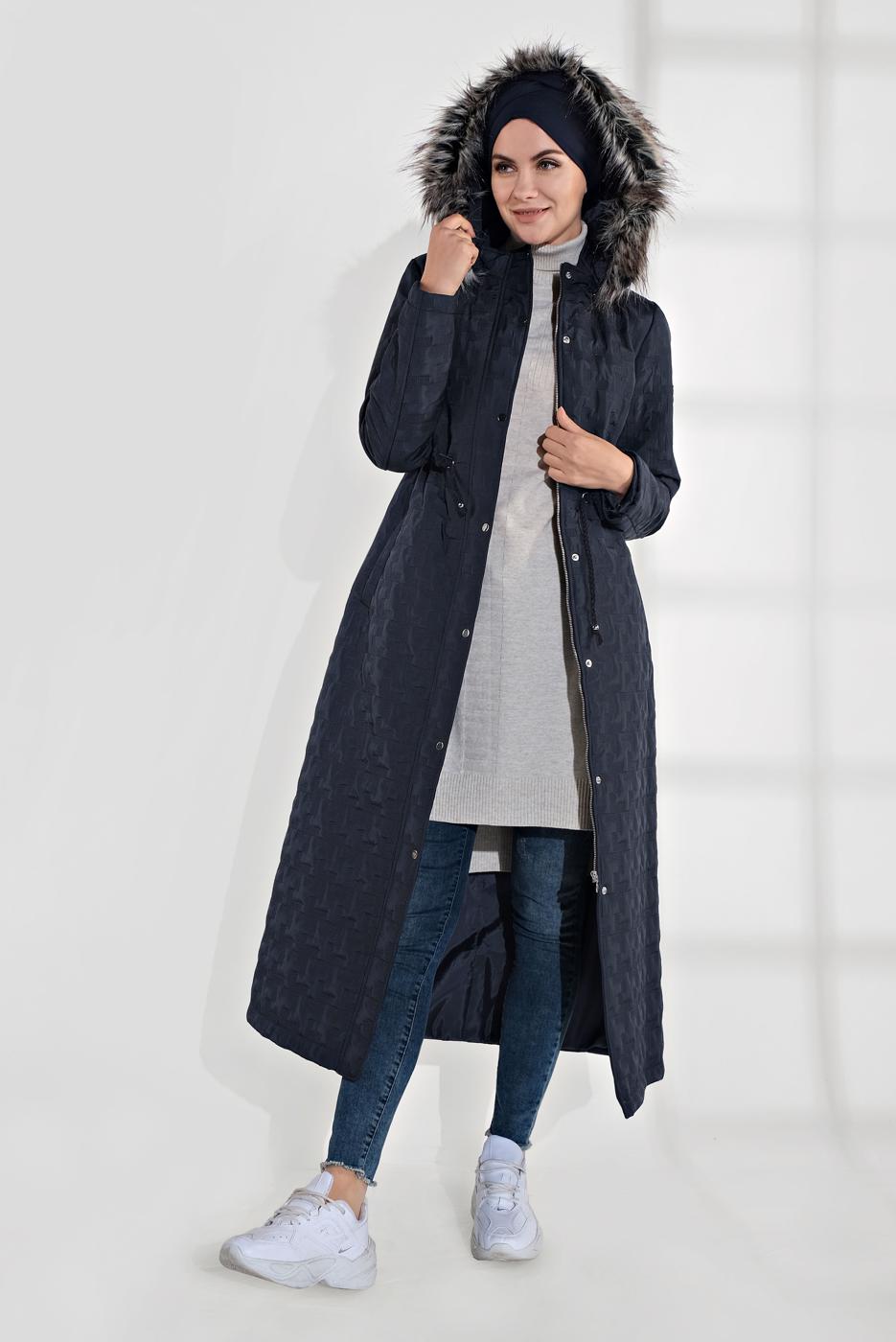 Tesettür giyim LACİVERT ALVİNA KAPÜŞONLU FERMUARLI ÇIT ÇITLI MANTO 9823 