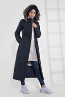 Tesettür giyim LACİVERT ALVİNA KAPÜŞONLU FERMUARLI ÇIT ÇITLI MANTO 9823 