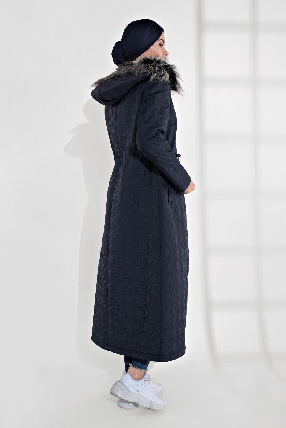 Tesettür giyim LACİVERT ALVİNA KAPÜŞONLU FERMUARLI ÇIT ÇITLI MANTO 9823 