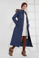 Tesettür giyim LACİVERT ALVİNA KAPÜŞONLU FERMUARLI ÇIT ÇITLI MANTO 9823 