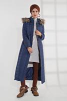 Tesettür giyim LACİVERT ALVİNA KAPÜŞONLU FERMUARLI ÇIT ÇITLI MANTO 9823 