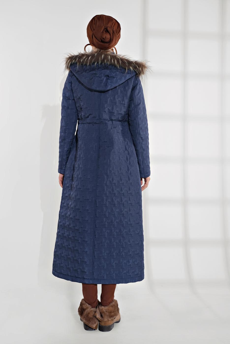 Tesettür giyim LACİVERT ALVİNA KAPÜŞONLU FERMUARLI ÇIT ÇITLI MANTO 9823 