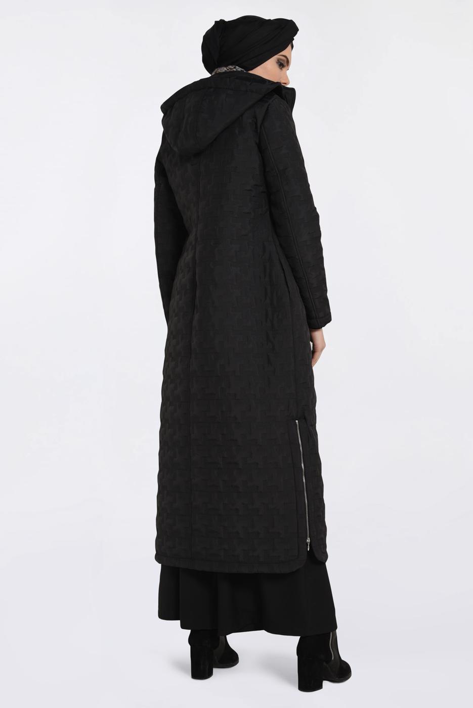 Tesettür giyim SİYAH KAPÜŞONLU YANLARI FERMUAR DETAYLI MANTO 9826 