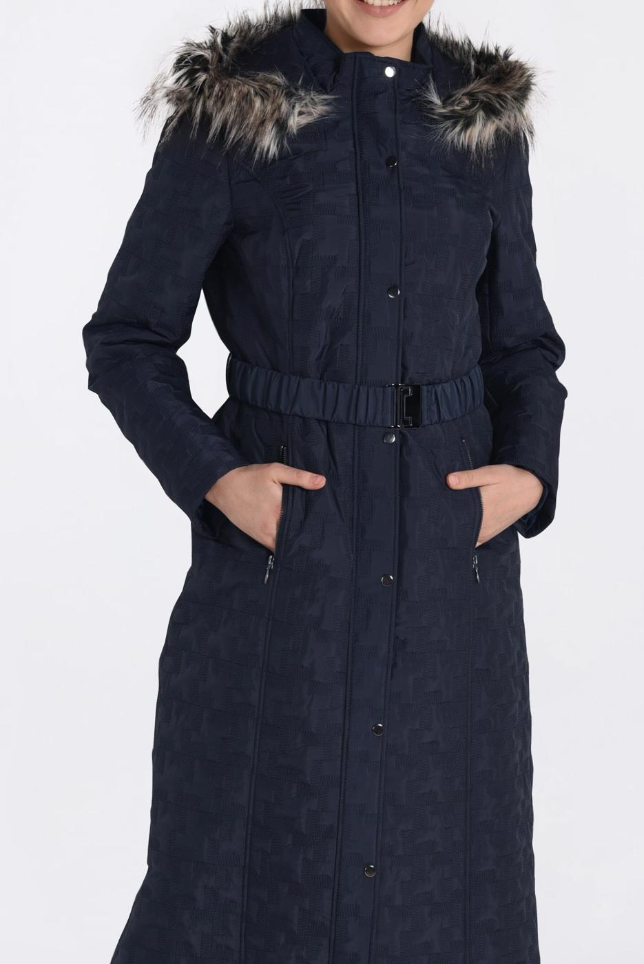 Tesettür giyim LACİVERT KAPÜŞONLU KÜRKLÜ KEMERLİ MANTO 9828