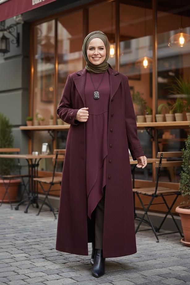 Vêtements hijab PRUNE MANTEAU CACHE BOUTONNÉ T 9836 - TRENDTESETTÜR
