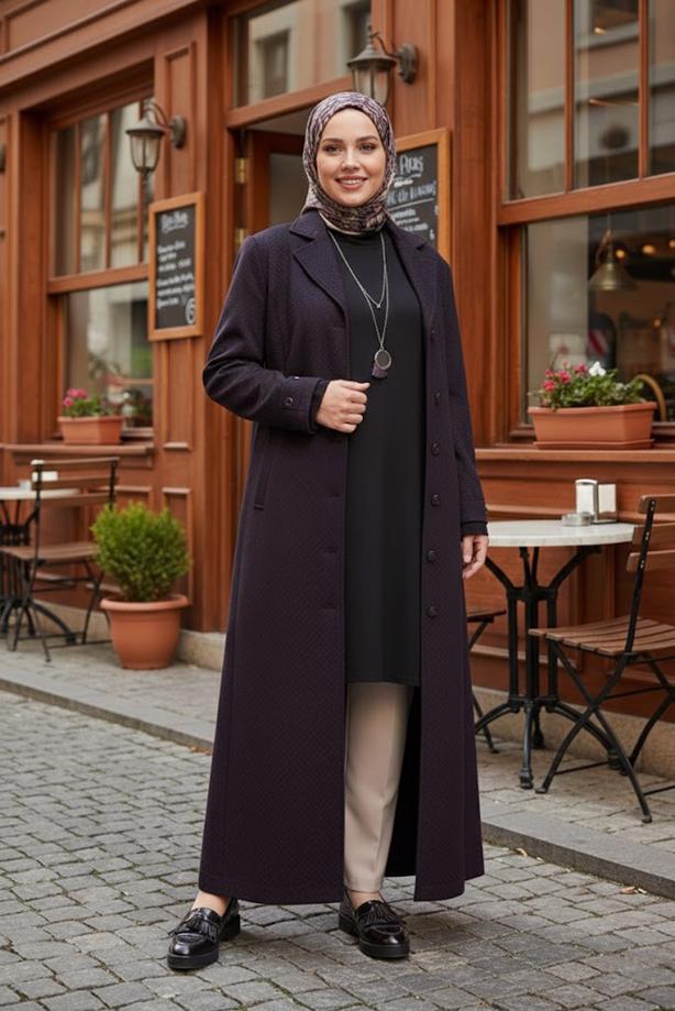 Tesettür giyim LACİVERT DÜĞMELİ KAŞE MANTO T 9836 - TRENDTESETTÜR