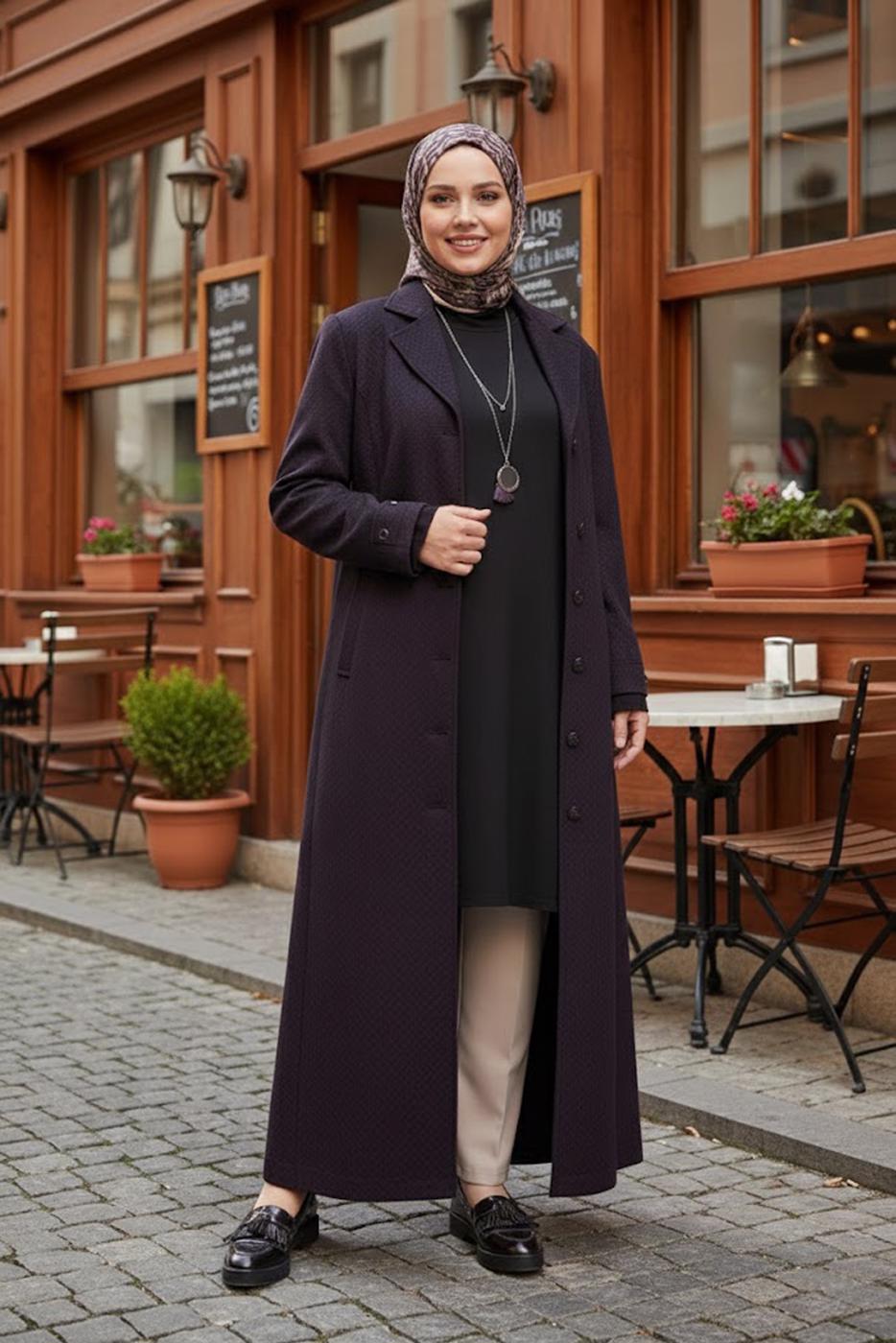 Tesettür giyim LACİVERT DÜĞMELİ KAŞE MANTO T 9836