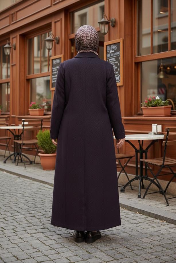 Tesettür giyim LACİVERT DÜĞMELİ KAŞE MANTO T 9836 - TRENDTESETTÜR