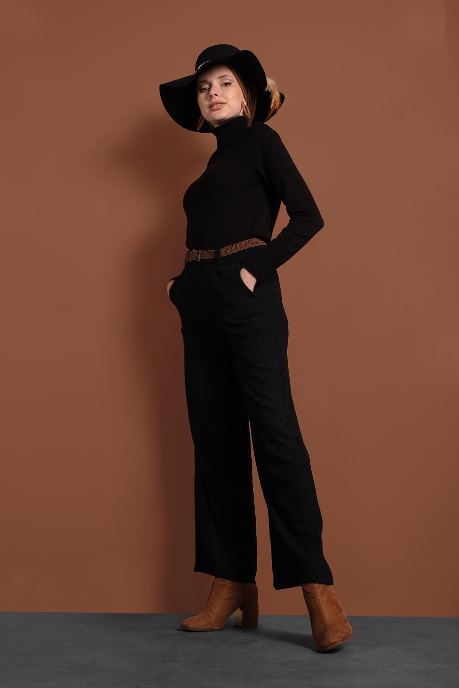 Tesettür giyim SİYAH FİTİLLİ BELİ LASTİKLİ PAMUKLU PANTOLON 7330