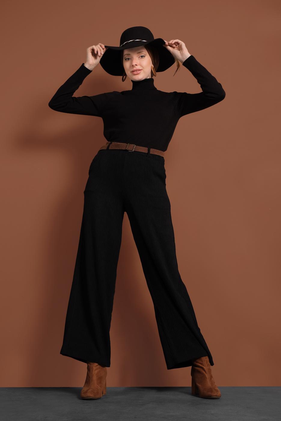 Tesettür giyim SİYAH FİTİLLİ BELİ LASTİKLİ PAMUKLU PANTOLON 7330