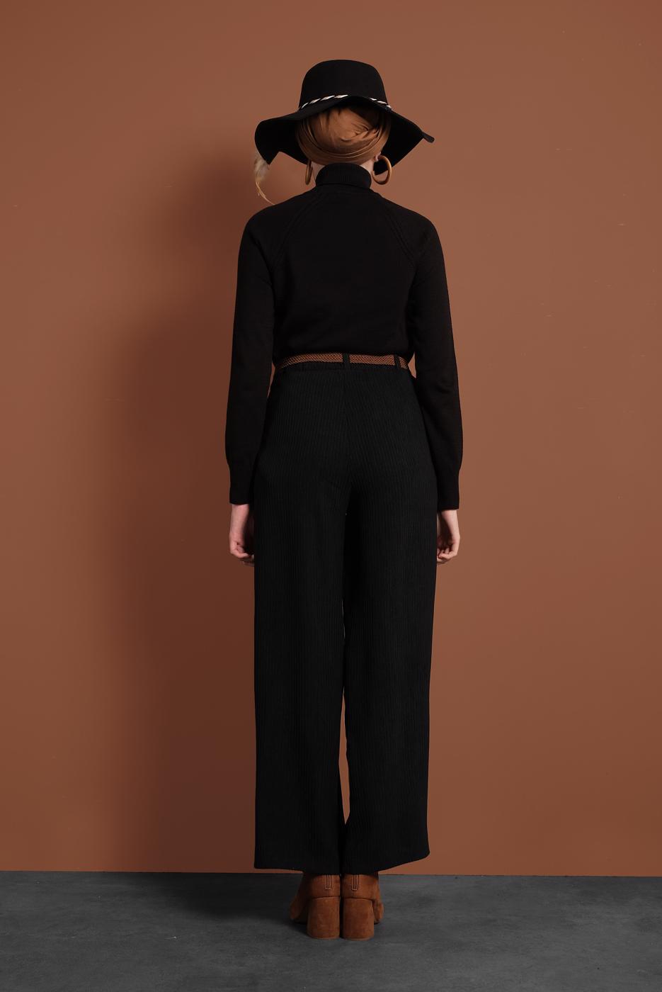 Tesettür giyim SİYAH FİTİLLİ BELİ LASTİKLİ PAMUKLU PANTOLON 7330