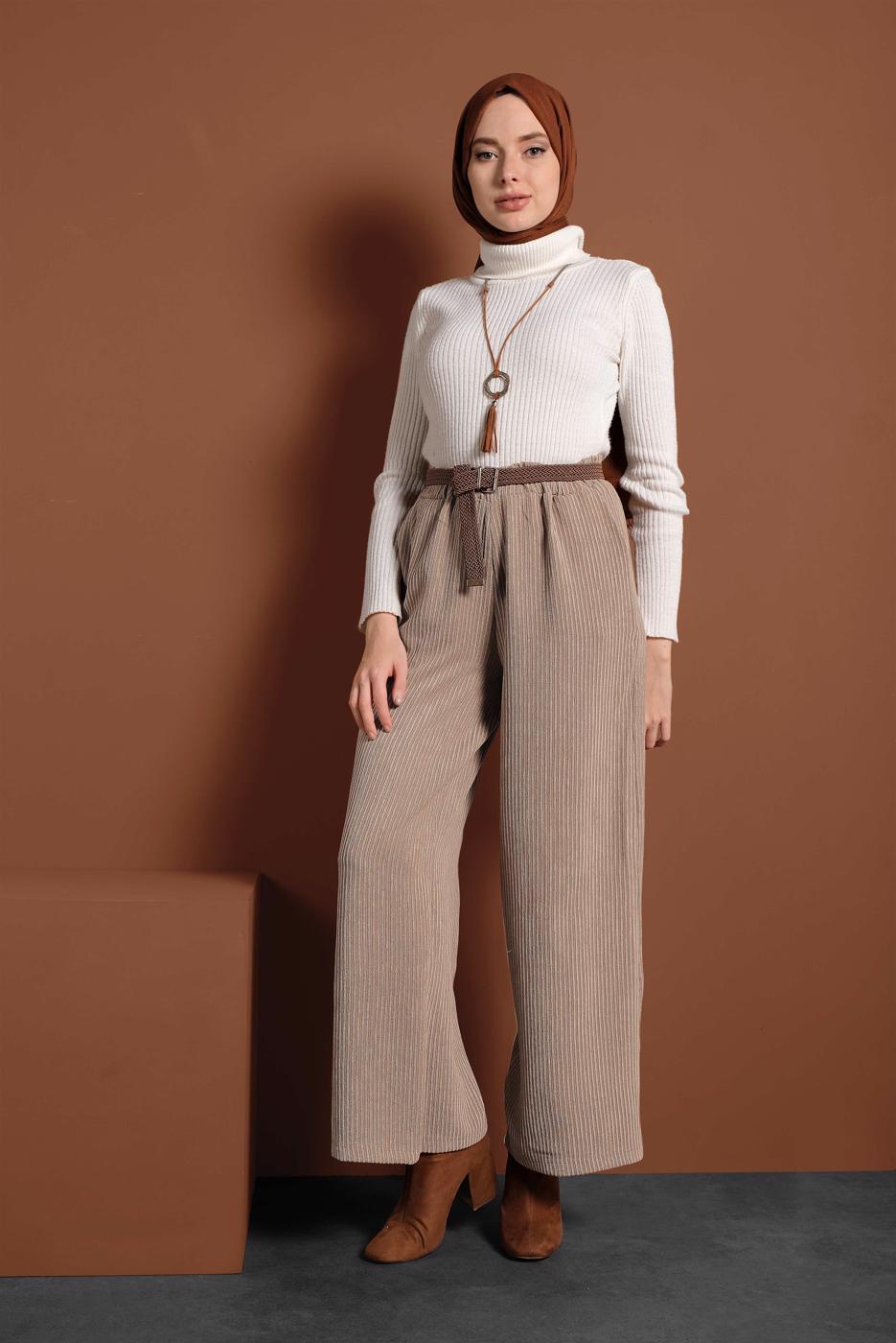 Tesettür giyim BEJ FİTİLLİ BELİ LASTİKLİ PAMUKLU PANTOLON 7330