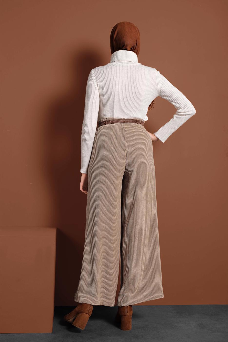 Tesettür giyim BEJ FİTİLLİ BELİ LASTİKLİ PAMUKLU PANTOLON 7330