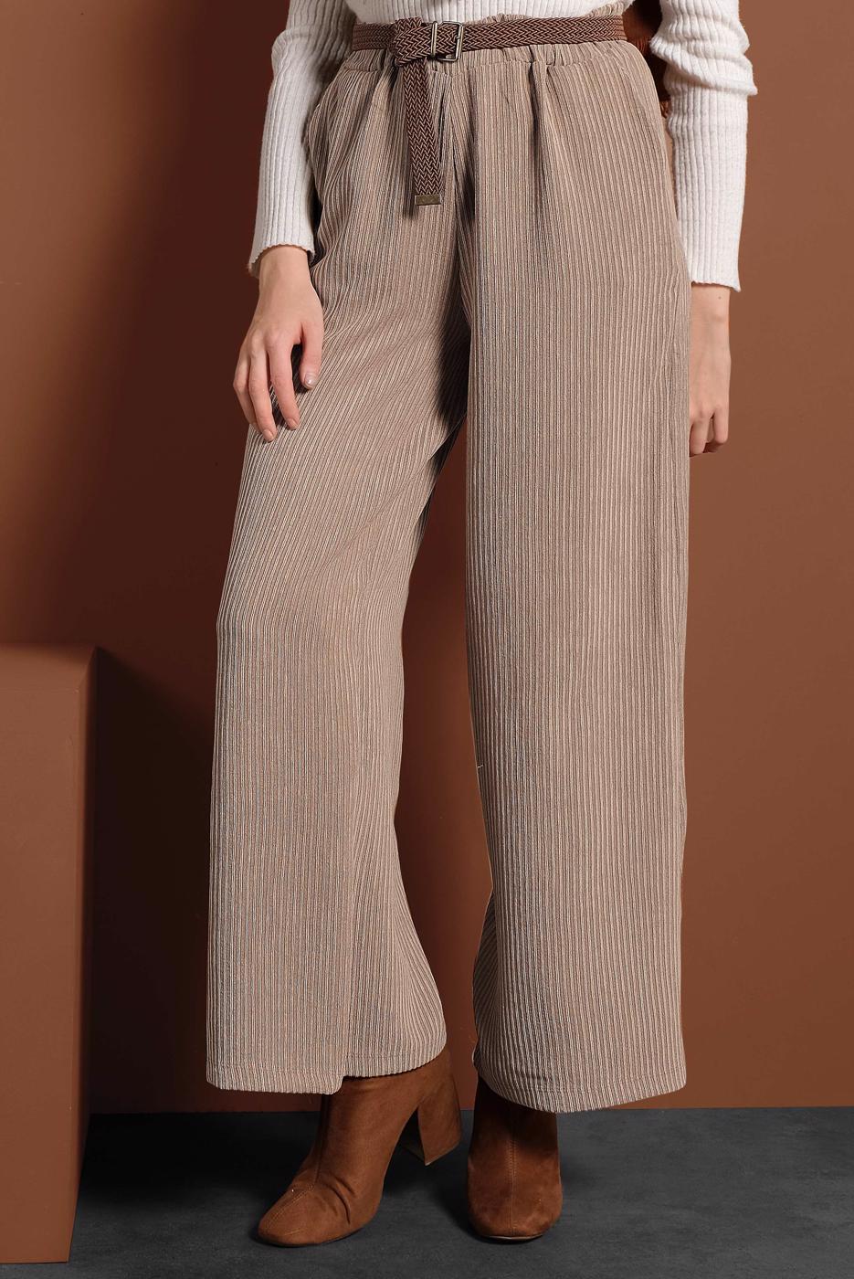 Tesettür giyim BEJ FİTİLLİ BELİ LASTİKLİ PAMUKLU PANTOLON 7330