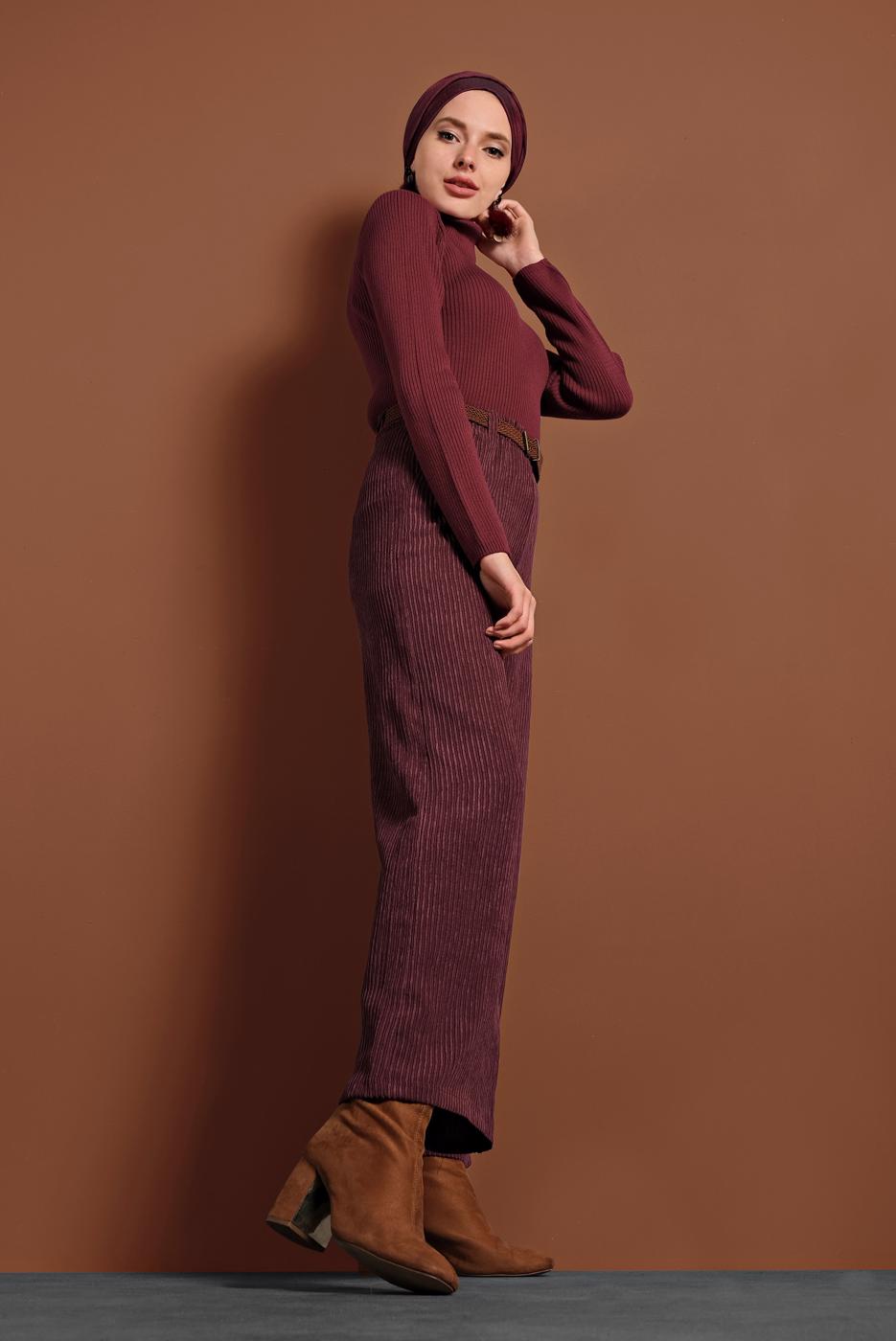 Tesettür giyim BORDO FİTİLLİ BELİ LASTİKLİ PAMUKLU PANTOLON 7330