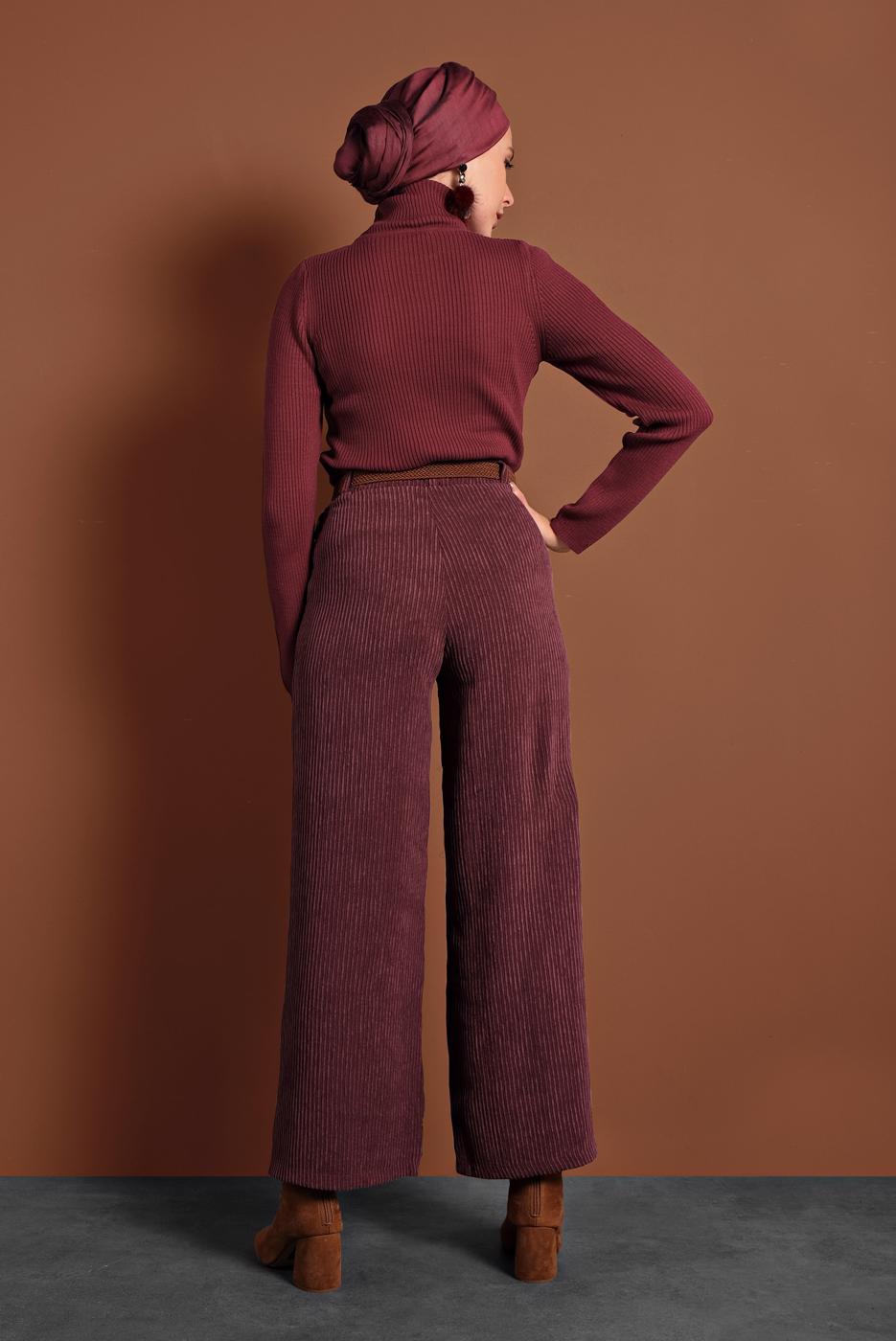 Tesettür giyim BORDO FİTİLLİ BELİ LASTİKLİ PAMUKLU PANTOLON 7330