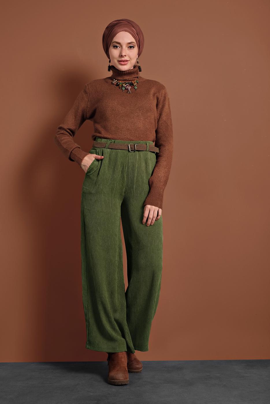 Tesettür giyim HAKİ FİTİLLİ BELİ LASTİKLİ PAMUKLU PANTOLON 7330