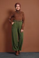 Tesettür giyim HAKİ FİTİLLİ BELİ LASTİKLİ PAMUKLU PANTOLON 7330