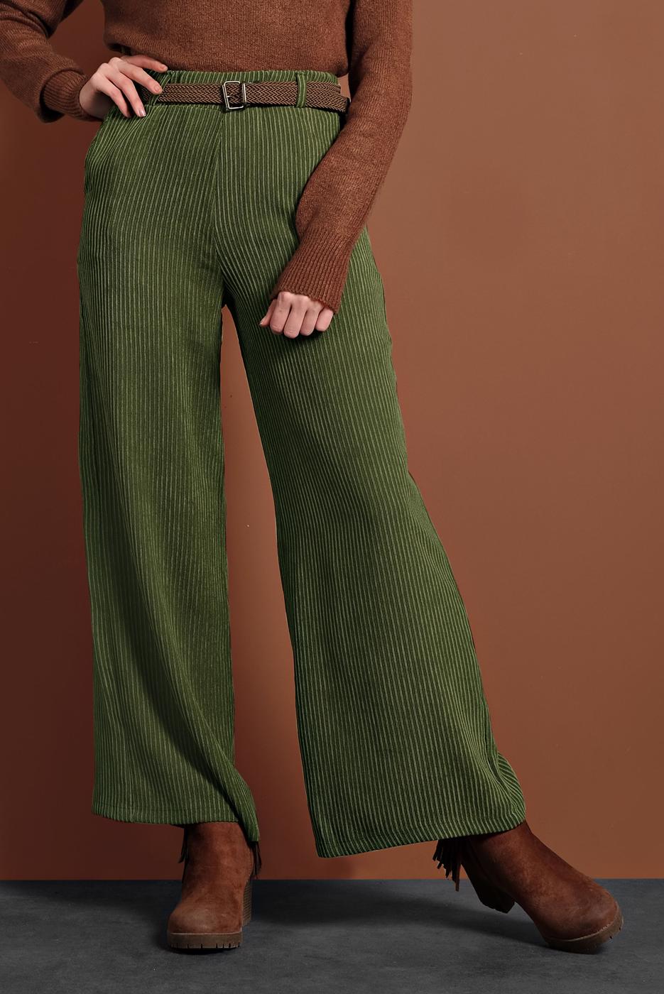 Tesettür giyim HAKİ FİTİLLİ BELİ LASTİKLİ PAMUKLU PANTOLON 7330