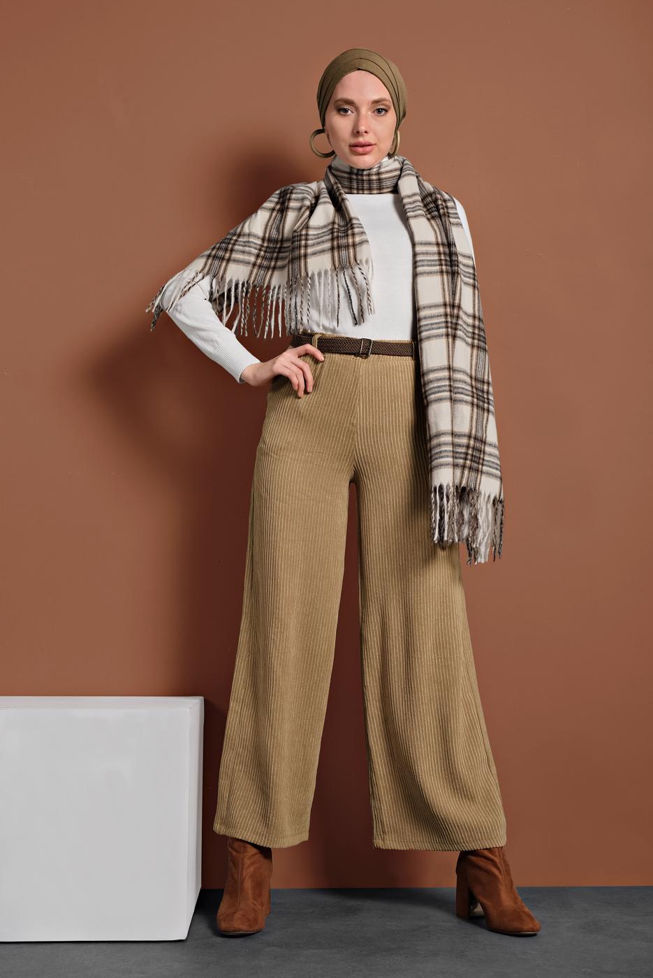 Tesettür giyim TABA FİTİLLİ BELİ LASTİKLİ PAMUKLU PANTOLON 7330