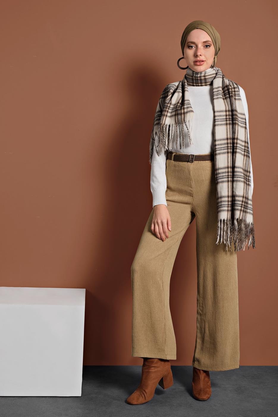 Tesettür giyim TABA FİTİLLİ BELİ LASTİKLİ PAMUKLU PANTOLON 7330