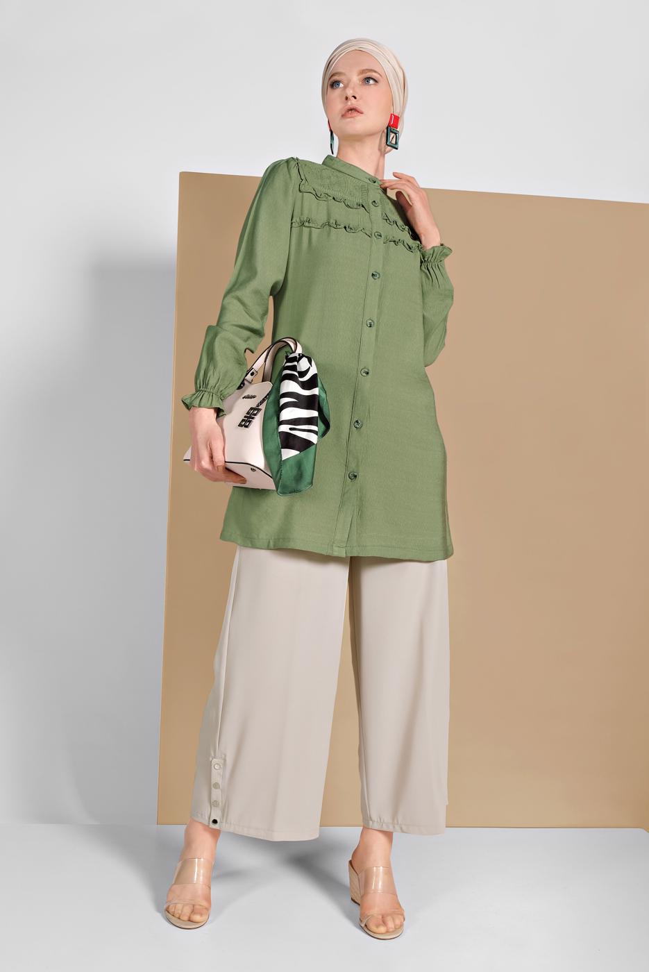 Tesettür giyim BEJ ALVİNA ÇITÇITLI GENİŞ PAÇA PANTOLON 7368