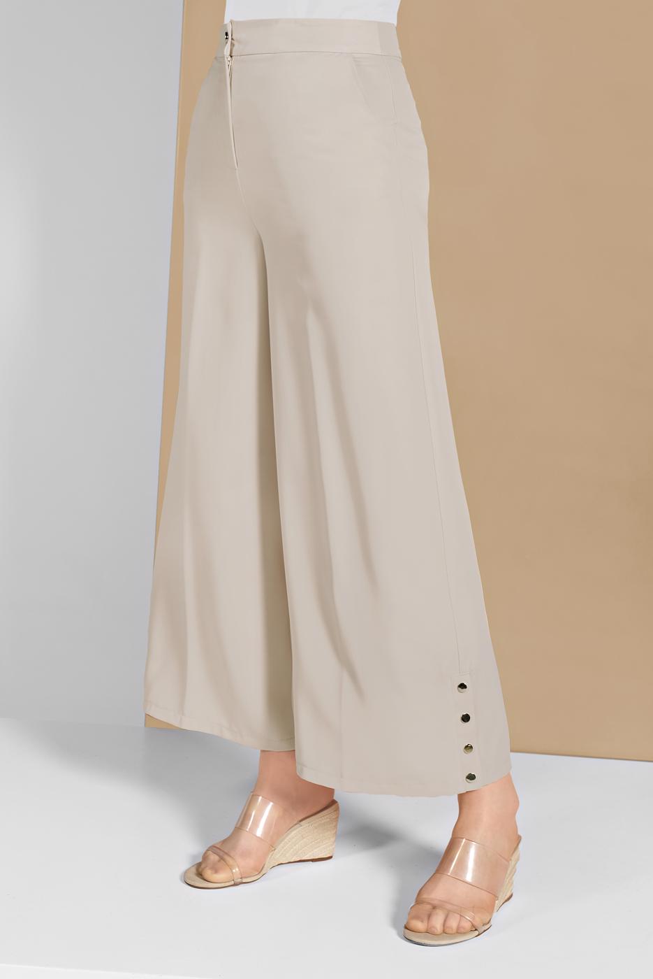 Tesettür giyim BEJ ALVİNA ÇITÇITLI GENİŞ PAÇA PANTOLON 7368