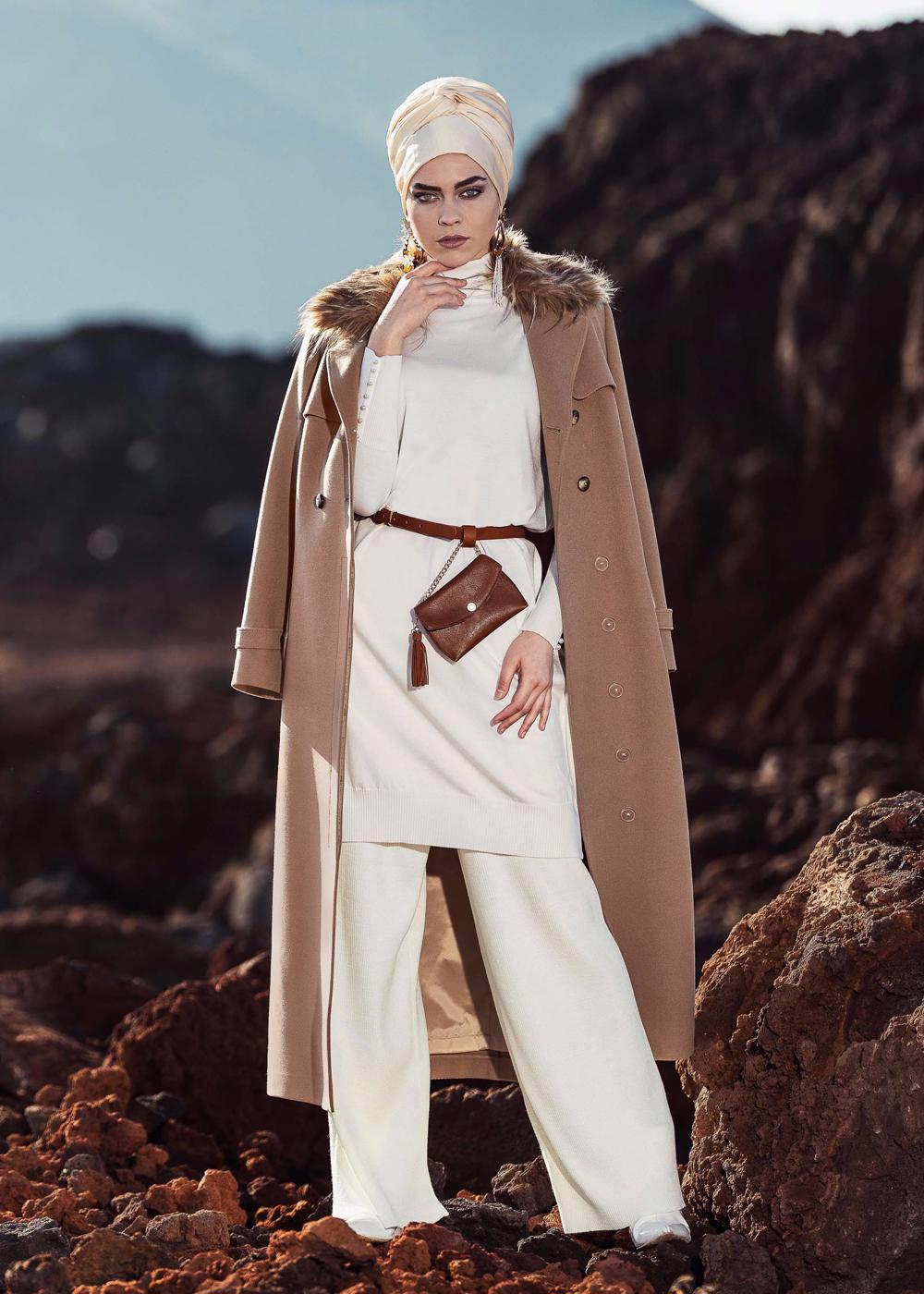 Tesettür giyim KREM FİTİLLİ TRİKO PANTOLON 7400