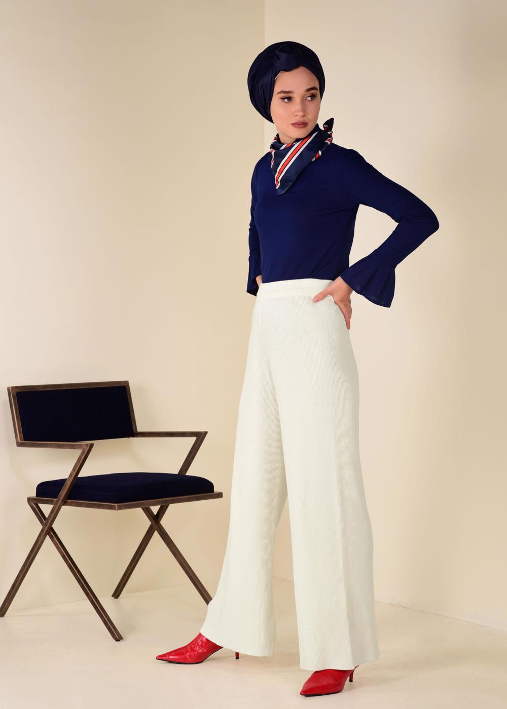 Tesettür giyim KREM FİTİLLİ TRİKO PANTOLON 7400