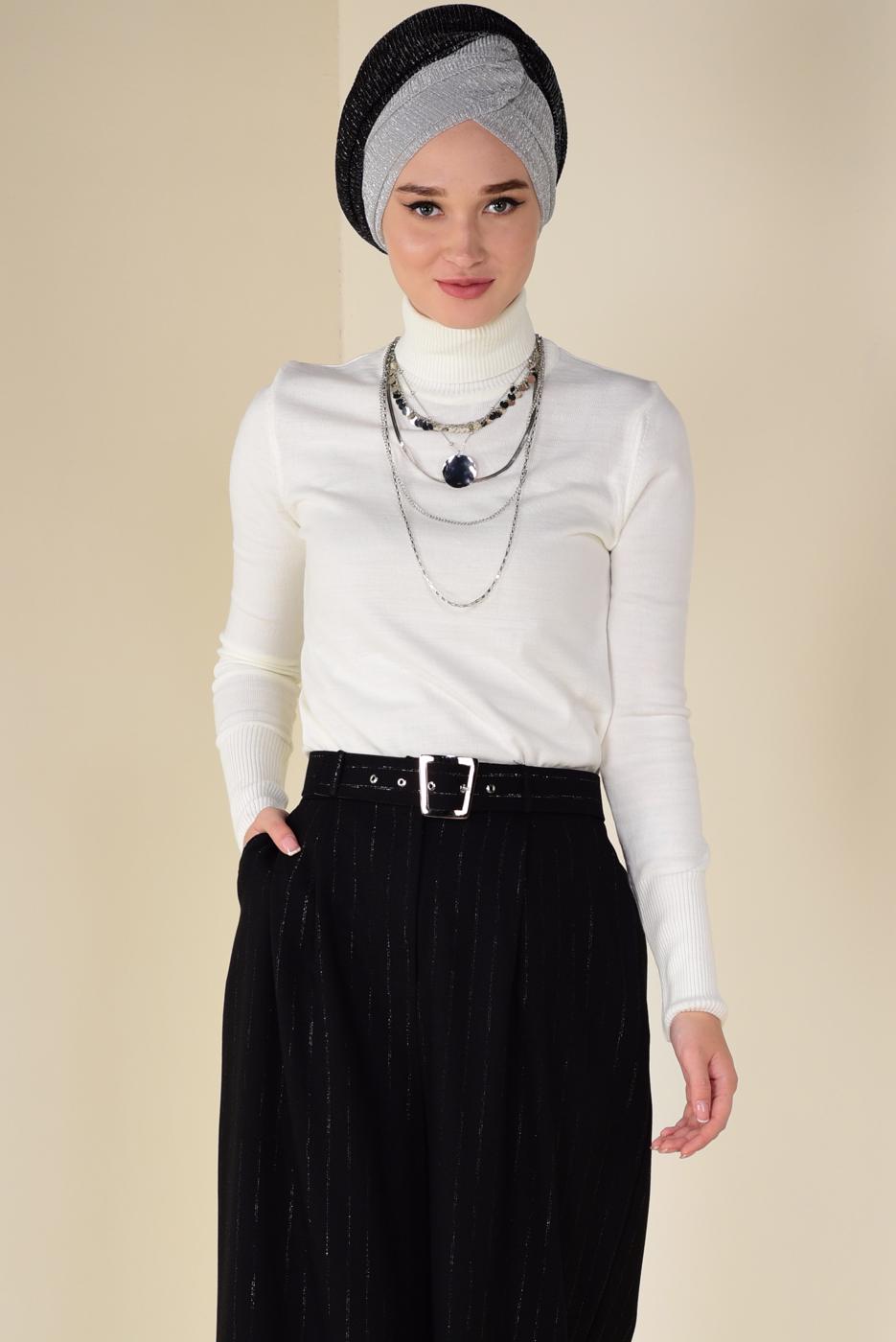 Tesettür giyim SİYAH SİMLİ ÇİZGİ DESEN KEMERLİ PANTOLON 7401 