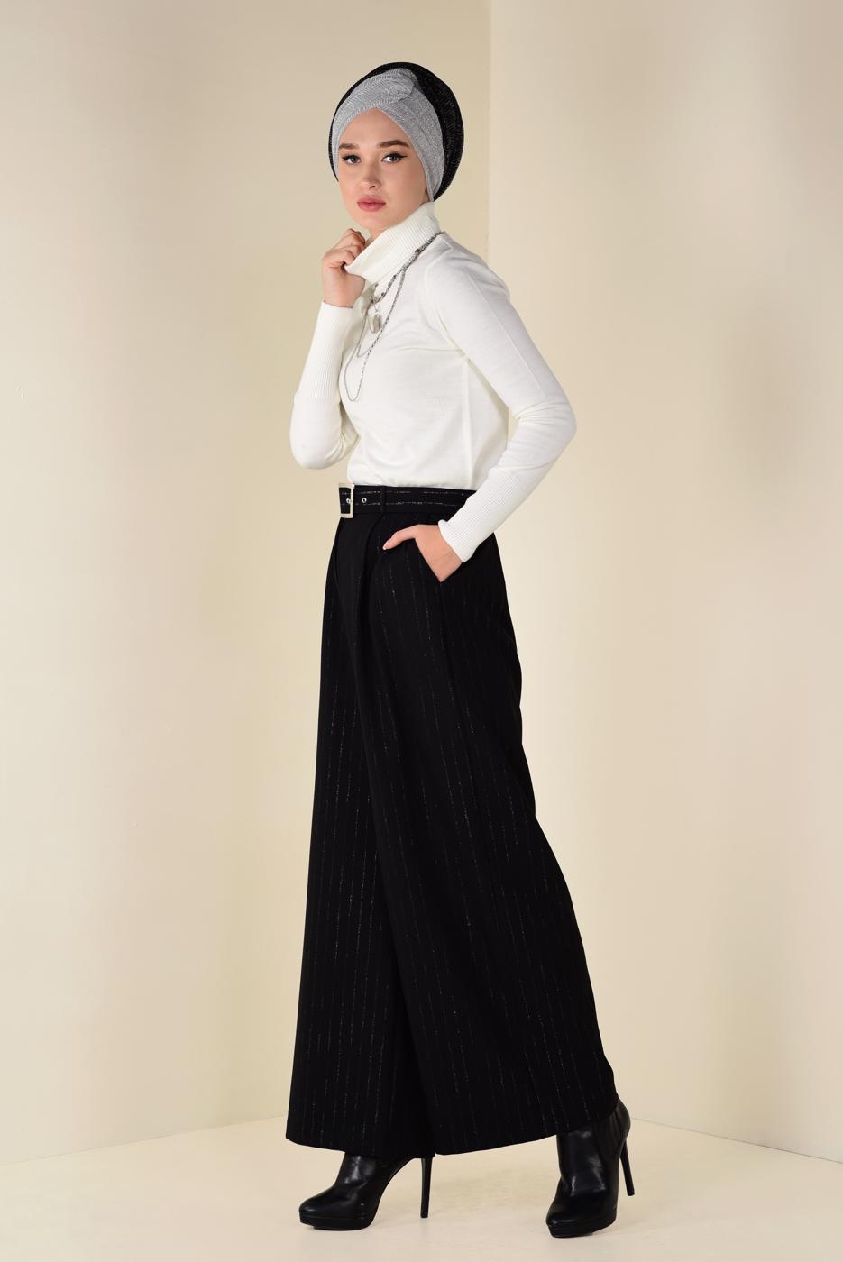 Tesettür giyim SİYAH SİMLİ ÇİZGİ DESEN KEMERLİ PANTOLON 7401 