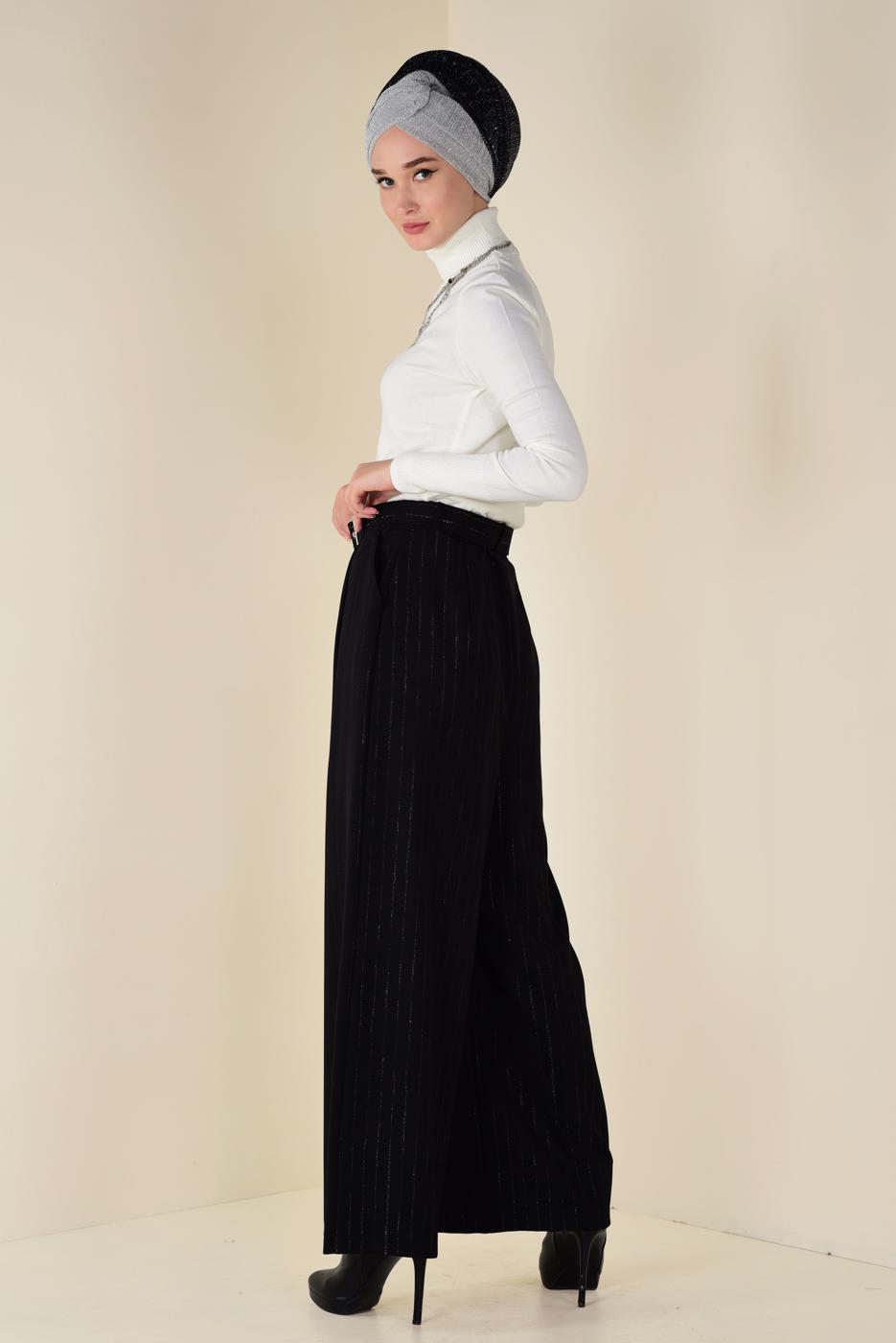 Tesettür giyim SİYAH SİMLİ ÇİZGİ DESEN KEMERLİ PANTOLON 7401 