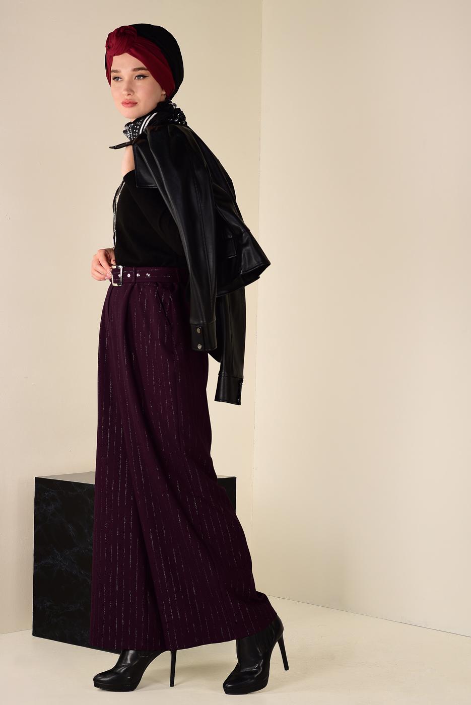 Tesettür giyim MÜRDÜM SİMLİ ÇİZGİ DESEN KEMERLİ PANTOLON 7401 